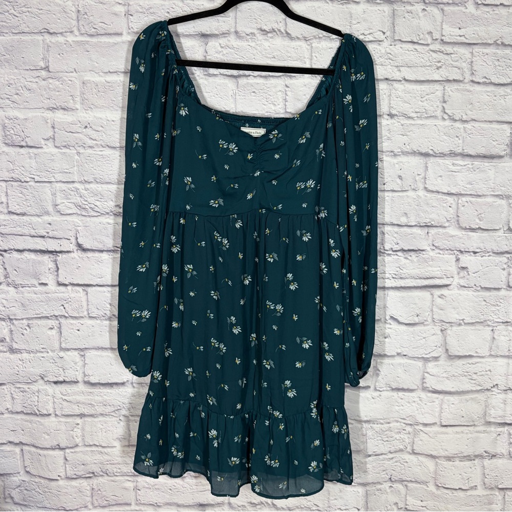 Abercrombie & Fitch Floral Smocked Mini Dress Teal Long Sleeve A&F Size XL